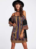 Women's Vintage Print Kimono Sleeve Geometric Tunic Boho Dress