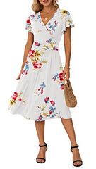 Floral White Summer Wrap Dress Ladies Casual Ruffle Short Sleeve V-Neck Floral Beach - GRECERELLE