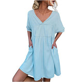 Women V-Neck Short Sleeve Dresses Solid Color Casual Loose Fit Tunic Mini Dress with Pockets | Original Brand