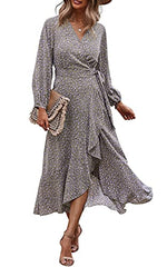 PRETTYGARDEN Women's Long Sleeve Vintage Wrap Dress Floral Print V-Neck Maxi Dresses with Belt