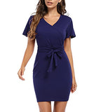 Women's Bodycon Pencil Dress Office Wear to Work Dresses with Belt Long Sleeve V Neck Mini Dress