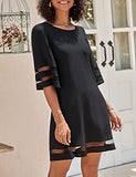 Women Casual Crewneck Mesh Panel 4-Mar Bell Sleeve Loose Tunic Dress