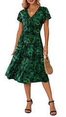 Green Leaf Summer Wrap Dress Ladies Casual Ruffle Short Sleeve V-Neck Floral Beach - GRECERELLE