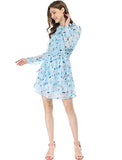 Women's Floral Smocked Waist Tie Neck Layered Chiffon Mini Dress