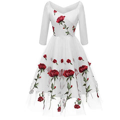 Women Vintage Retro 1950s Rockabilly Swing Dress Off Shoulder 3/4 Sleeve Embroidered Rose Flower Dress Skater A Line Evening Party Prom Cocktail | Women's Cocktail Dresses