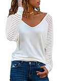 Women's Casual V Neck Tops Long Sleeve Shirts Striped Sheer Mesh Patchwork Blouses and Tops | Women's Tops and Blouses