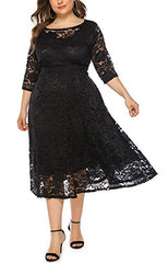 Womens Floral Lace Plus Size Midi Dress Scooped Neckline Cocktail Party Dresses