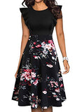 Women's Vintage Ruffle Floral Flared A Line Swing Casual Cocktail Party Dresses with Pockets