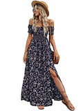 Deep Blue Floral Women's Boho Floral Print Off Shoulder Split Long A Line Dress - Floerns | Women's Formal Dresses
