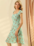 Women's Smocked Cap Sleeve Cinched Floral Chiffon Midi Dress | Original Brand