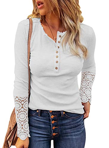 BTFBM Women Long Sleeve V Neck Button Up Solid Tops Blouses Trendy Slim Fit Lace Sleeves Ribbed Knit Casual Shirts Tunic (Lace White, Medium) | Women's Casual Dresses