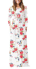 Print White Casual Short/Long Sleeve Maxi Dress with Pockets - HAOMEILI