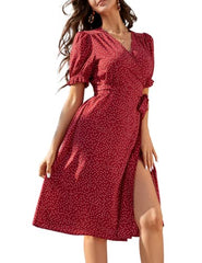 Women Ruffle Puff Sleeve Floral Printed V Neck A-Line Midi Wrap Dress | Original Brand