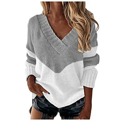 Sweaters for Women Casual Long Sleeve V Neck Color Block Patchwork Pullover Knit Sweater Jumper Tops