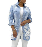 OLUOLIN Jean Jacket Women Ripped Denim Jacket Long Sleeve Button Down Distressed Jeans Denim Jackets Coat