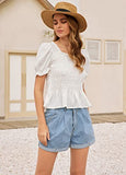 Women Square Neck Smocked Blouse Long Sleeve Shirred Ruffle Peplum Tops | Original Brand | Women's Tops and Blouses