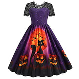 VECDY Women's Dresses, Clearance-Women Gifts Short Sleeve Halloween Retro Lace Vintage Dress A Line Pumpkin Swing Holiday Dress