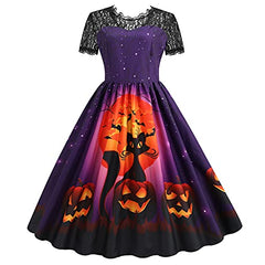 VECDY Women's Dresses, Clearance-Women Gifts Short Sleeve Halloween Retro Lace Vintage Dress A Line Pumpkin Swing Holiday Dress | Women's Cocktail Dresses