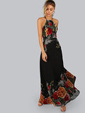Women's Sleeveless Halter Neck Vintage Floral Print Maxi Dress