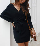 Mansy Women's Sexy Cocktail Batwing Long Sleeve Backless Mock Wrap Knit Sweater Mini Dress