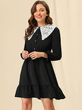 Women's Vintage Ruffle Hem Dresses A-Line Lace Panel Peter Pan Collar Dress