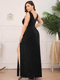 Women's V-Neck Glitter Dress Side Split Plus Size Evening Dress 7505-PZ