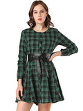 Women's Plaids Long Sleeves Button Down Belted Party Mini A-Line Shirt Dress