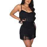 Womens Sexy 2 Piece Outfits Sleeveless Crop Top Feather Tassels Bodycon Mini Dress Outfits Clubwear