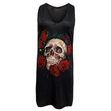 Women Summer Sleeveless Rose Skull Print O-Neck Knee-Length Dress UK Size Party Elegant Dress Sale