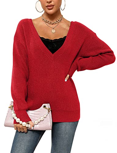 Cowasto Women Sexy Deep V Neck Christmas Sweater Jumper Casual Long Sleeve Loose Fit Knit Top