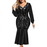 Women's Flowy Mermaid Party Maxi Long Dresses Sexy V Neck Long Sleeve Shiny Glitter Plus Size Dress | Original Brand