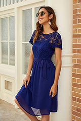 Women's Scooped Neckline Floral Lace Top Cocktail Bridesmaid Party Midi Dress My058 | Women's Lace Dresses