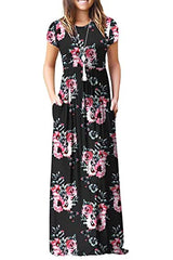 Print Black Casual Short/Long Sleeve Maxi Dress with Pockets - HAOMEILI