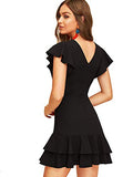 Women's V Back Inslace Layered Ruffle Hem Flutter Sleeve Dress