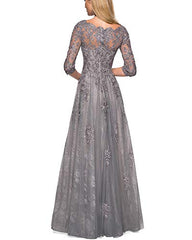 Women's Lace Appliques Mother Of The Bride Dress 3/4 Sleeves Evening Formal Gown With Pockets B096