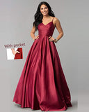 DFDG Spaghetti V Neck Prom Dresses for Women Long Ball Gown Ruched Satin Evening Party Gown with Pockets CMD009