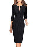 Black And White Striped Sleeve Womens Front Zipper Slim Work Office Business Cocktail Party Pencil Dress Vfshow