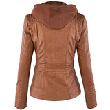 Faux Leather for Women Hooded Moto Biker Full Zip Pleated Overcoat Casual Coat Warm Tops