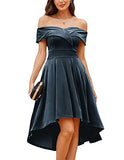 Haze Blue Velvet Off Shoulder High Low A Line Wedding Guest Party Cocktail Dress - JASAMBAC | Women's Cocktail Dresses