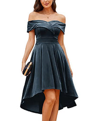 Haze Blue Velvet Off Shoulder High Low A Line Wedding Guest Party Cocktail Dress - JASAMBAC