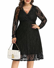 Women Plus Size Floral Lace V Neck Long Sleeve Knee Length Wedding Guest Cocktail Dress