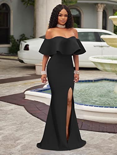 Women s Sexy Off Shoulder Ruffle High Split Evening Gown Formal Long D Original Brand