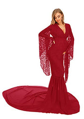 Deep V Neck Lace Gown For Photography Photo Shoot Flared Sleeve With Long Chiffon Train