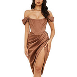 Women's Sexy Off Shoulder Corsets Dress Strapless High Waist Satin Ruched Side Split Club Party Bodycon Midi Dresses