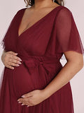 Women's Double V Neck Short Ruffle Sleeve Maxi Maternity Dress with Sash - Sara Clothes