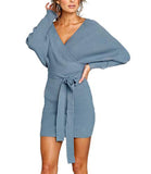 Women's Sexy Cocktail Batwing Long Sleeve Backless Mock Wrap Knit Sweater Mini Dress | Women's Cocktail Dresses