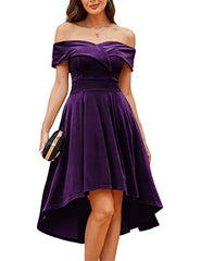 Purple Velvet Off Shoulder High Low A Line Wedding Guest Party Cocktail Dress - JASAMBAC