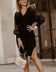 Womens V Neck Lace Batwing Sleeve Wrap Sweater Dress Sexy Backless Pencil Knit Dresses With Belted Slit Bodycon