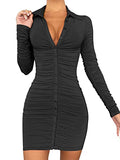 Women's Sexy Long Sleeve Ruched Button Down Front Mini Shirts Dress