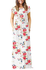 Print White Casual Short/Long Sleeve Maxi Dress with Pockets - HAOMEILI